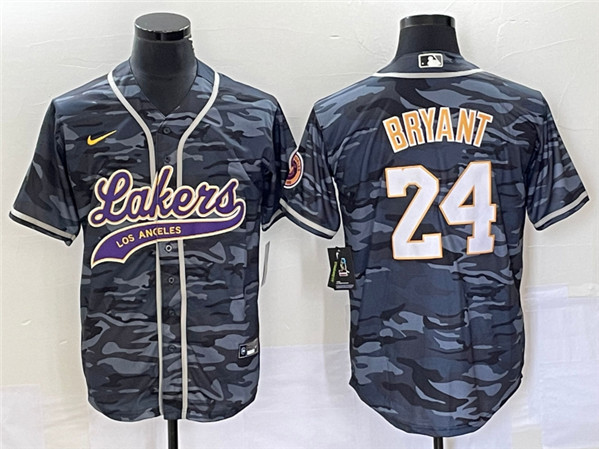 Men's Los Angeles Lakers #24 Kobe Bryant Gray Camo Cool Base With Patch Stitched Baseball Jersey